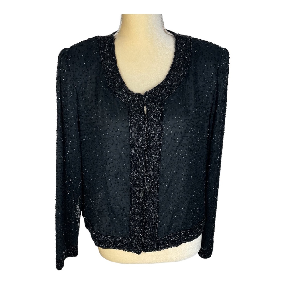 Vintage Stenaz Black Sequin Fully Beaded Blouse‎ Long Sleeve Size XL